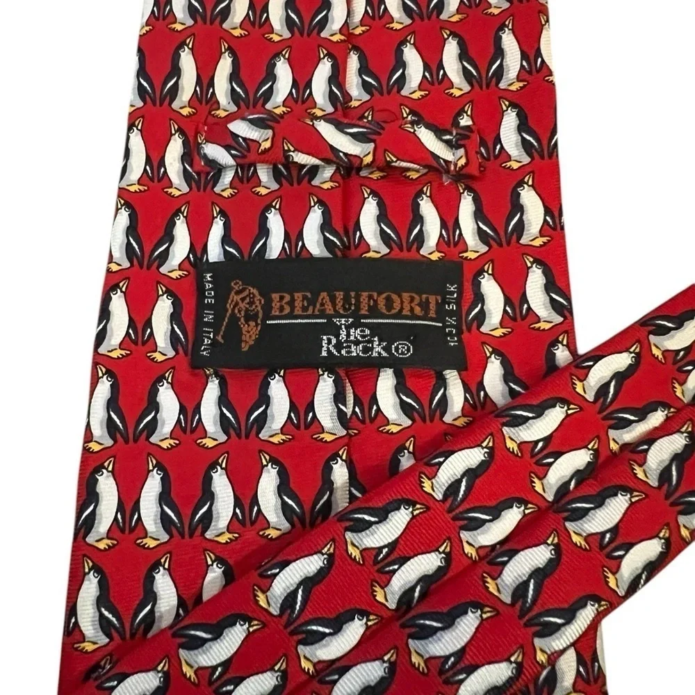 Beaufort | Tie Rack Red Penguin Print 100% Silk Vintage Tie, Italy, 3.75”